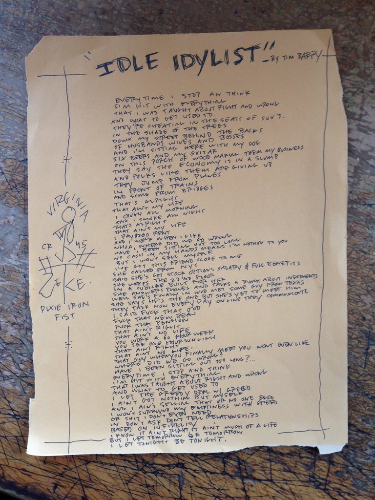 Tim Barry Handwritten Lyrics