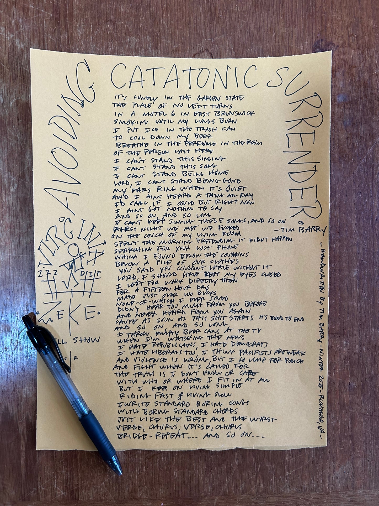 Tim Barry Handwritten Lyrics