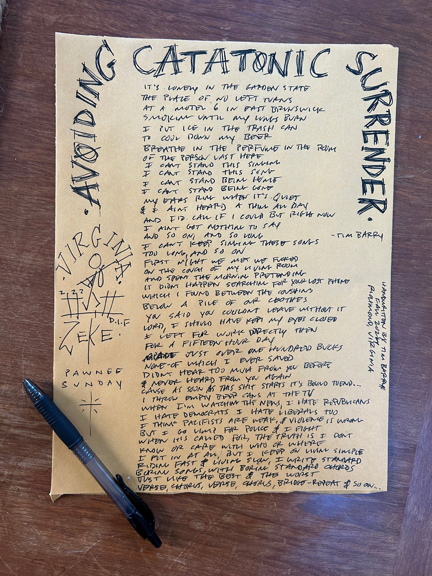 Tim Barry Handwritten Lyrics