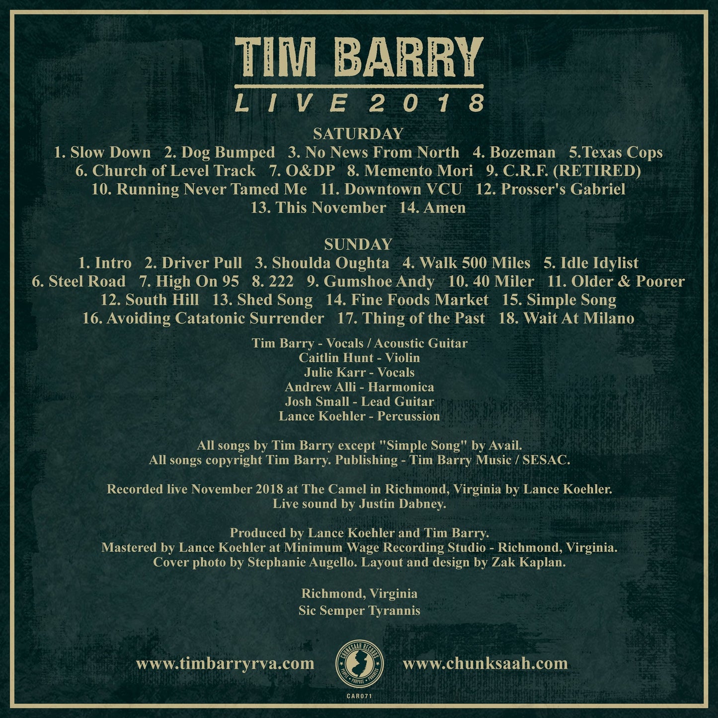 Tim Barry "Live 2018" Digital Release
